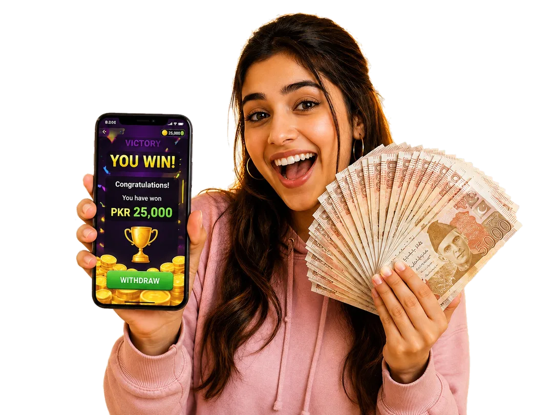 Excited player showing a PKR 25,000 win and holding cash withdrawn via JazzCash & Easypaisa
